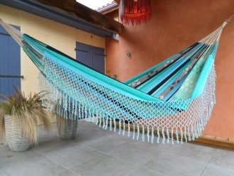 hamac vert bleu franges