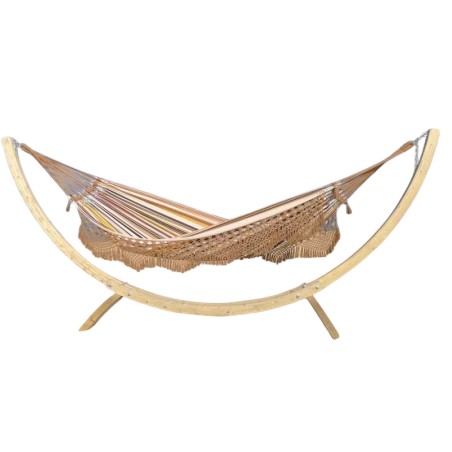Hamac de luxe multicolore marron avec support en bois sur fond blanc