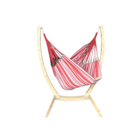 Hamac chaise rouge multicolore avec support bois sur fond blanc