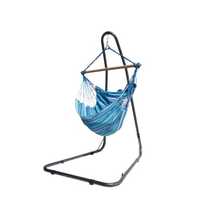 Chaise hamac XXL bleu multicolore avec support métal sur fond blanc