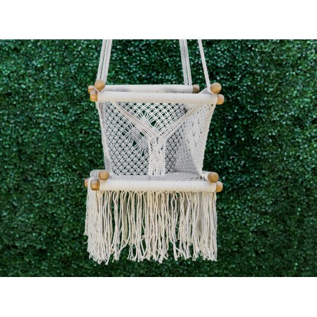 Hamac bébé macramé écru suspendu, décor naturel vert