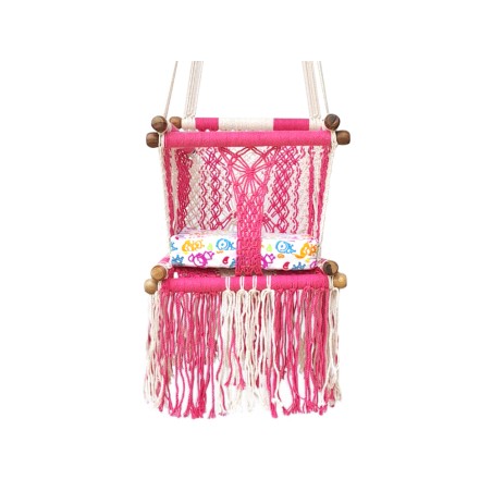 Hamac bébé macramé rosado avec coussin sur fond blanc