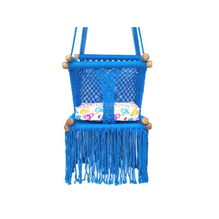 Hamac bébé macramé bleu avec coussin sur fond blanc
