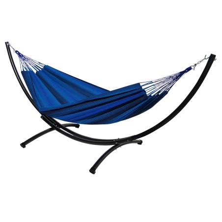 Hamac Azteka XL bleu suspendu sur support métallique noir sur fond blanc