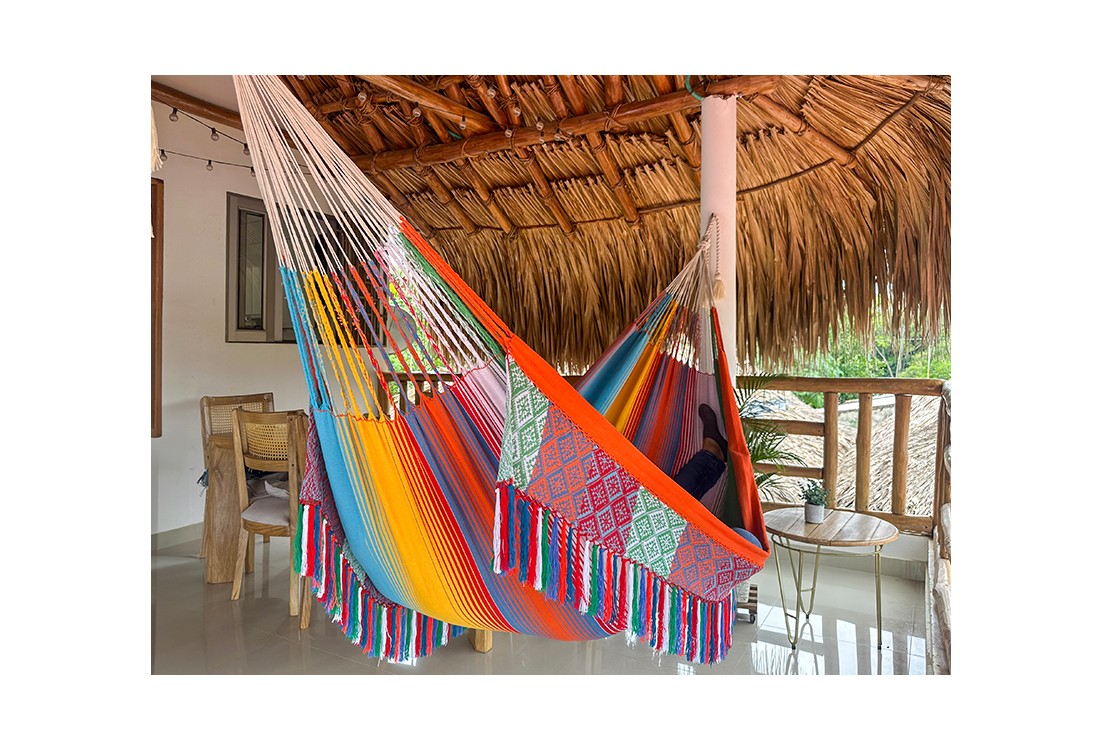 Hamac colombien traditionnel taille L, coton multicolore, idéal pour l'extérieur