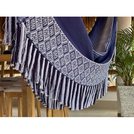 Franges de hamac colombien du amac colombien taille L en tissu bleu avec des motifs blancs