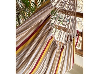 Hamac chaise colombien XL vide suspendu, textile rayé en coton recyclé ocre et beige
