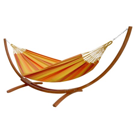 Photo produit du hamac colombien en coton recyclé avec support en bois de mélèze sur fond blanc