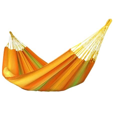Hamac colombien aux rayures tropicales orange et vert, présenté sur fond blanc pour mettre en valeur ses couleurs vives