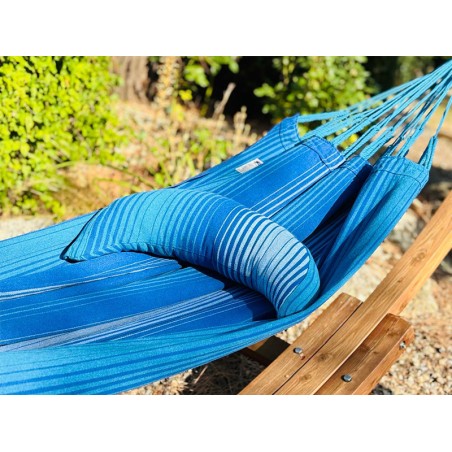 Coussin sur un hamac en tissu à rayures bleus est suspendu dans un jardin