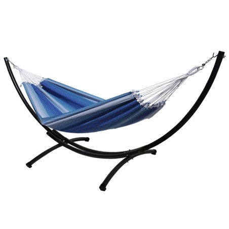 Hamac en toile bleue avec support métallique noir, présenté sur fond neutre