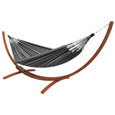 Hamac polygone noir XL avec support en bois meleze sur fond blanc
