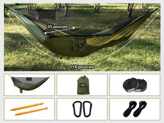 Hamac parachute vert armée avec accessoires inclus : sangles de fixation, mousquetons et sac de transport compact