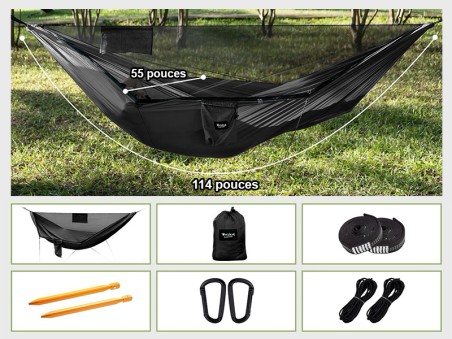 Hamac parachute vert armée avec accessoires inclus : sangles de fixation, mousquetons et sac de transport compact