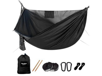 Black parachute hammock with mosquito net