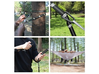 Processus d'installation du hamac entre deux arbres