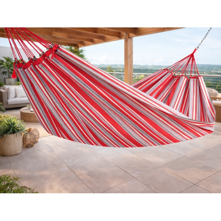 Hamac CARIBE L Osiris sur une terrasse, rayures rouges et gris