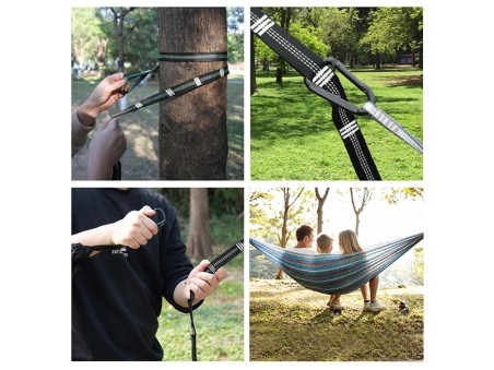 Processus d'installation du hamac entre deux arbres