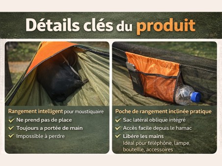 Détails clés du produit hamac Trekking Pro avec moustiquaire