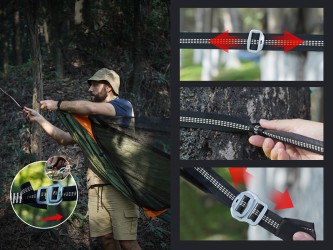 Homme installant un hamac trekking Pro avec moustiquaire dans la nature - étapes