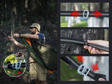 Homme installant un hamac trekking Pro avec moustiquaire dans la nature - étapes