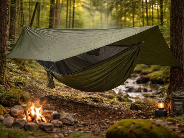 Hamac vert armée avec moustiquaire intégrée installé entre les arbres de la forêt