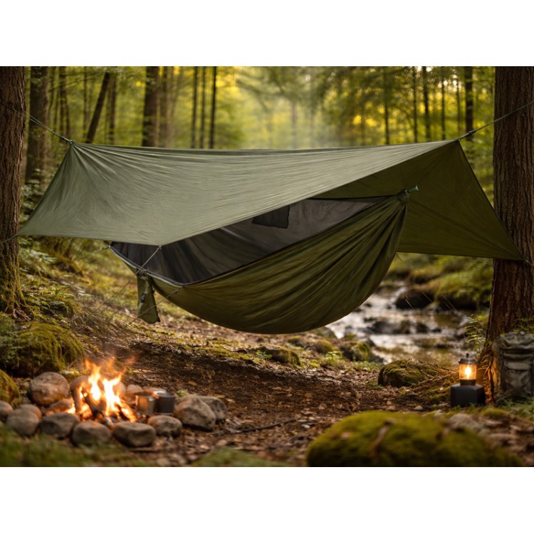Hamac vert armée avec moustiquaire intégrée installé entre les arbres de la forêt