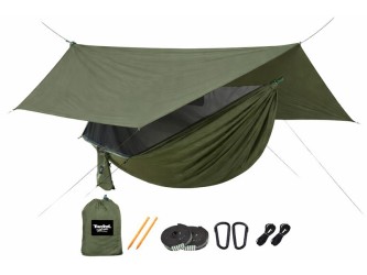 Army green parachute hammock with mosquito net + tarp