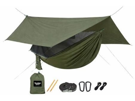 Hamac parachute vert armée avec moustiquaire + Tarp, ultra-léger sur fond blanc