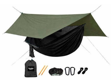 Hamac parachute vert armée avec moustiquaire + Tarp, ultra-léger sur fond blanc