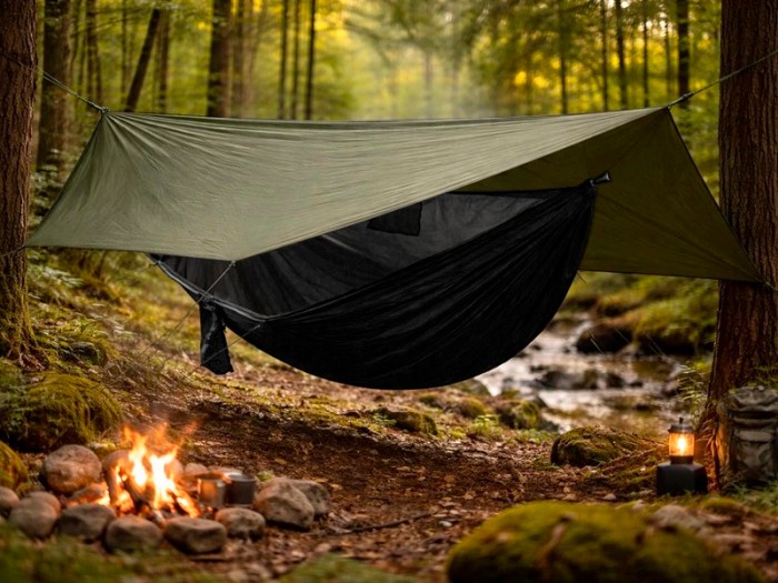 Hamac vert armée avec moustiquaire intégrée installé entre les arbres de la forêt