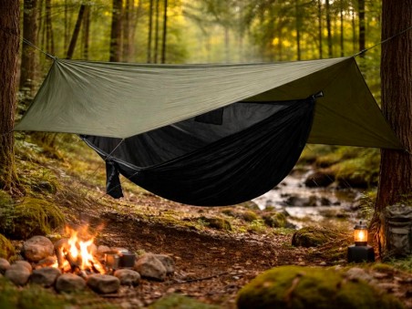 Hamac vert armée avec moustiquaire intégrée installé entre les arbres de la forêt