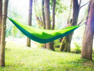 Hamac vert suspendu dans un environnement boisé, offrant un espace de repos paisible en harmonie avec la nature