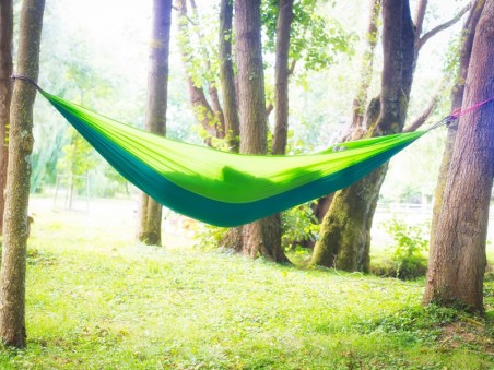 Hamac vert suspendu dans un environnement boisé, offrant un espace de repos paisible en harmonie avec la nature