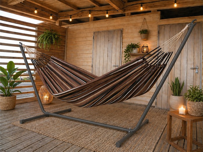 Hamac avec support Inka Choco Oro sur une terrasse très joliment décorée