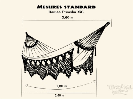 Dimensions standard d'un hamac Priscilia en tissu taille XXL, idéal pour se détendre seul ou en compagnie