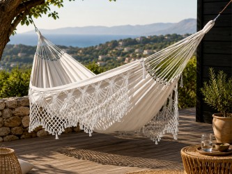 Hamac Priscilia XXL Capuccino située sur une belle terrasse décorée