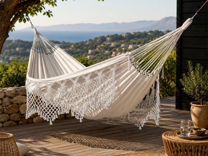 Hamac Priscilia XXL Capuccino située sur une belle terrasse décorée