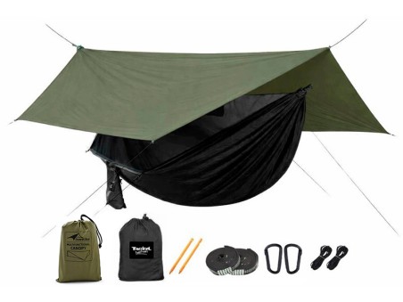 Hamac parachute vert armée avec moustiquaire + Tarp, ultra-léger sur fond blanc