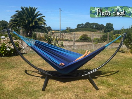 Photo cliente de hamac XL Azur avec support de hamac metal AZTEKA Relax XL