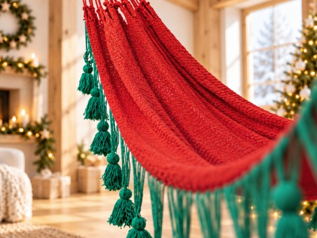 Zoom sur le hamac de Noël située dans une salle décorée pour Noël